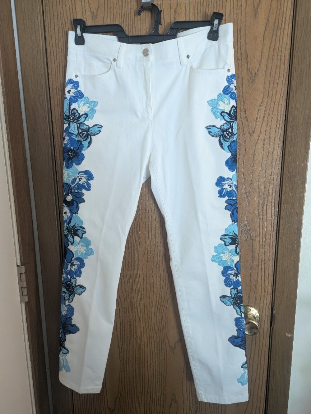 Carlisle White Pants with Blue Floral Embroidered Side Panels - Picture 4 of 7